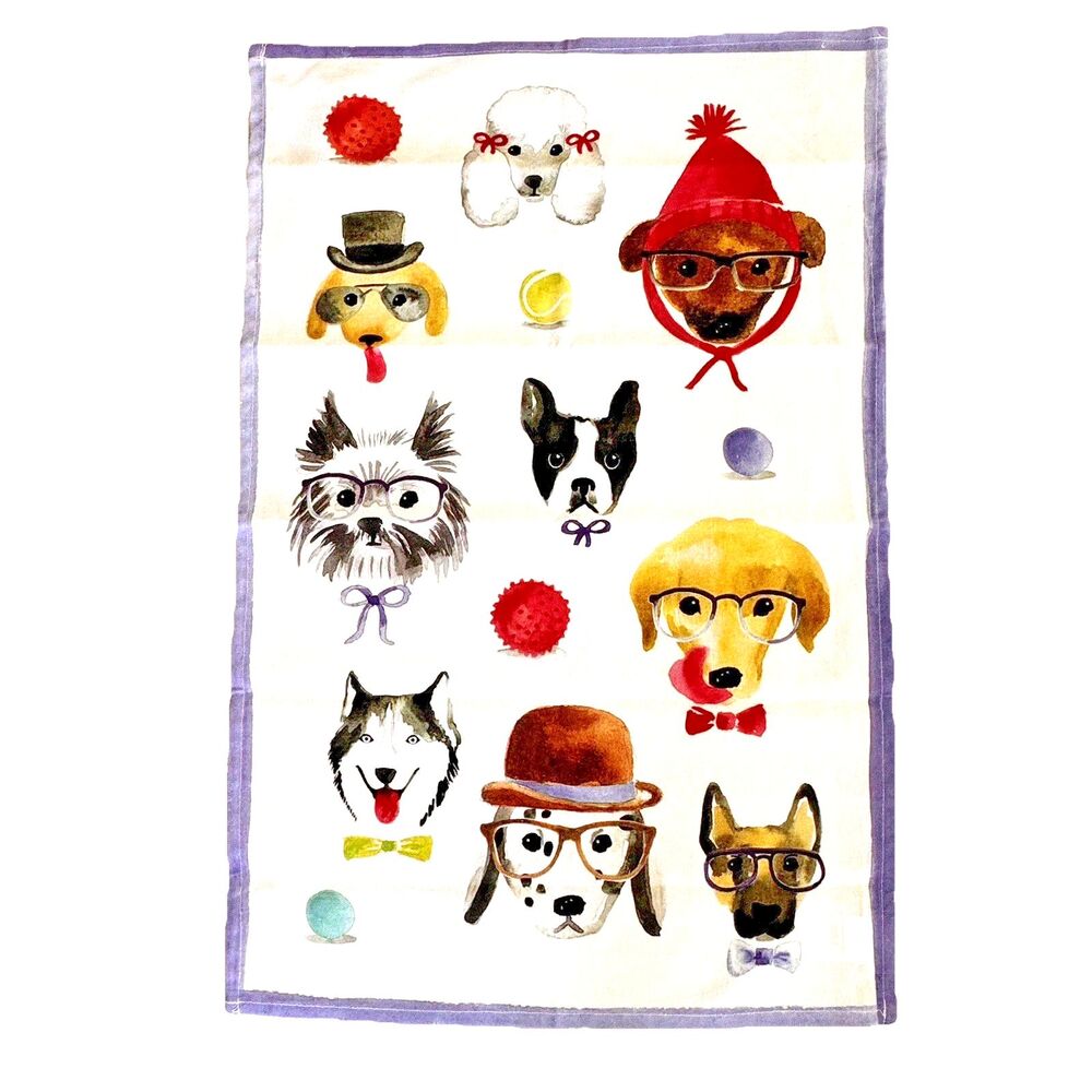 Sara LaTable Dog Dish Towel 18x28 Cotton Cute Funny Dogs Glasses Kitchen Decor